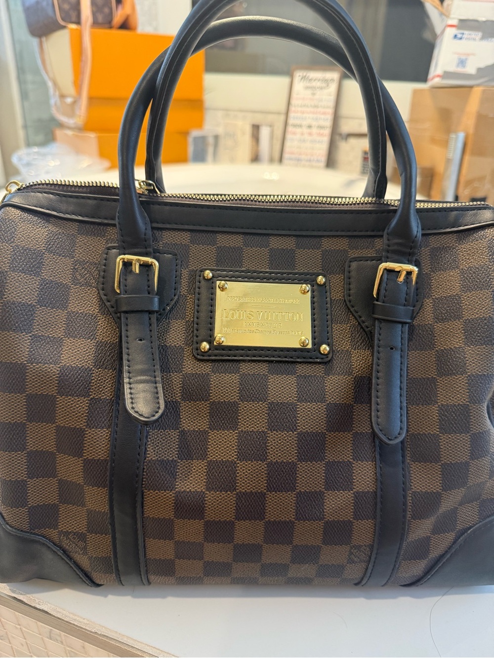 Louis Vuitton Brown and Black Checkered Satchel with Gold Plaque